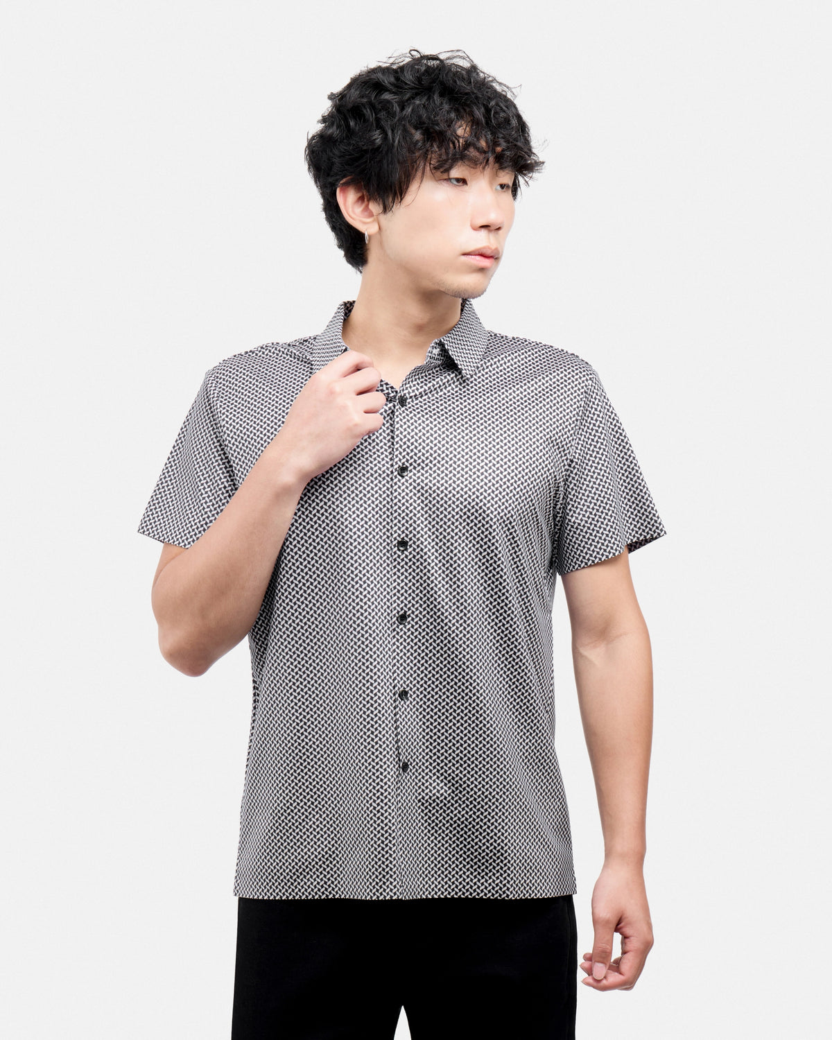 #XRTPM8101740 Herringbone Printed Short Sleeve Button-Up Shirt-thumbmail-4