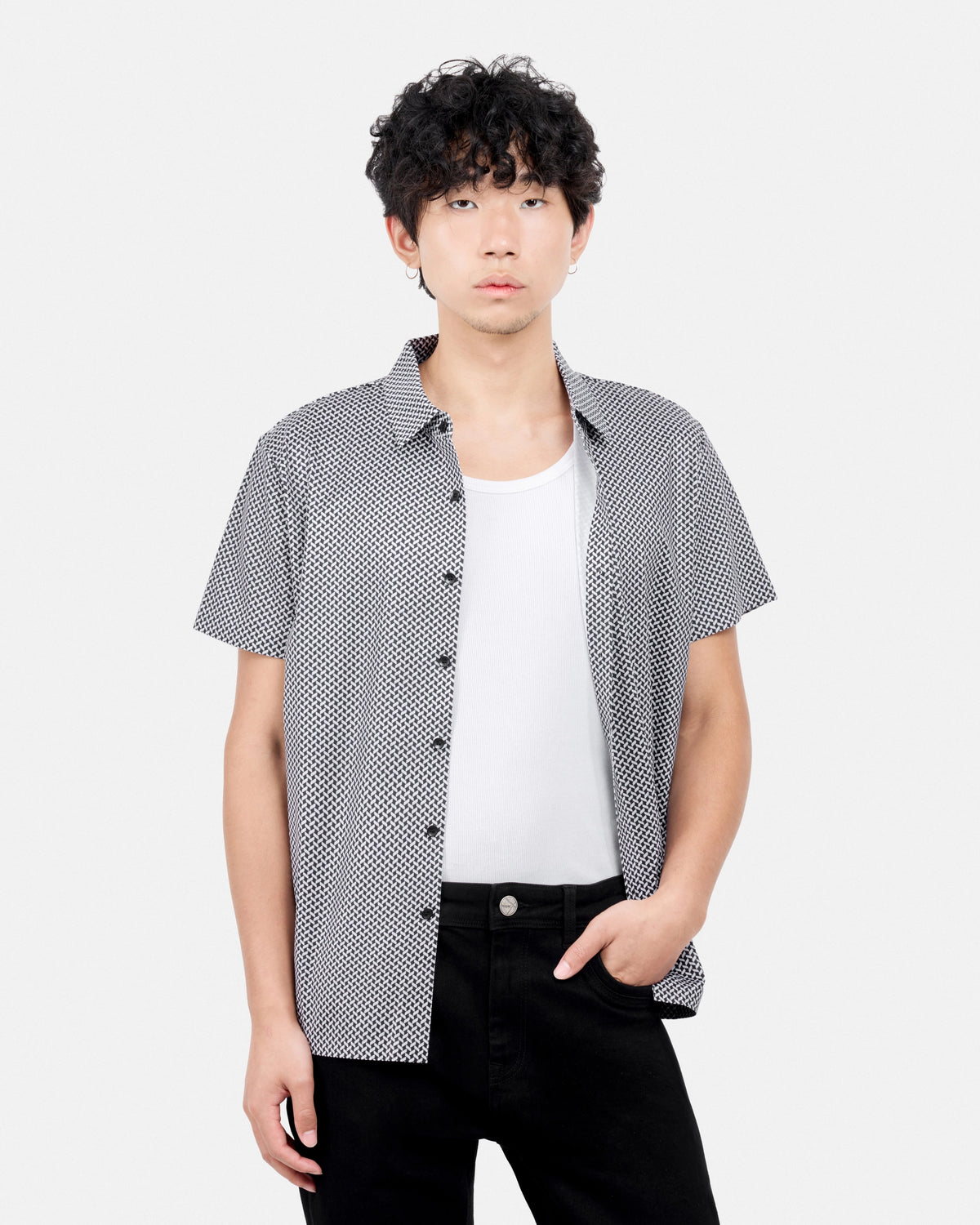 #XRTPM8101740 Herringbone Printed Short Sleeve Button-Up Shirt-thumbmail-5