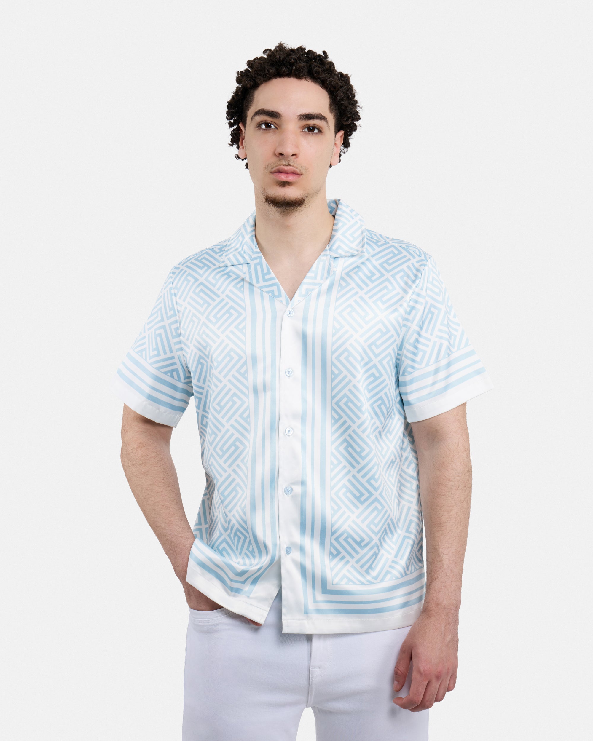 Men's Stripe Border Camp Collar Woven Shirt-thumbmail-41