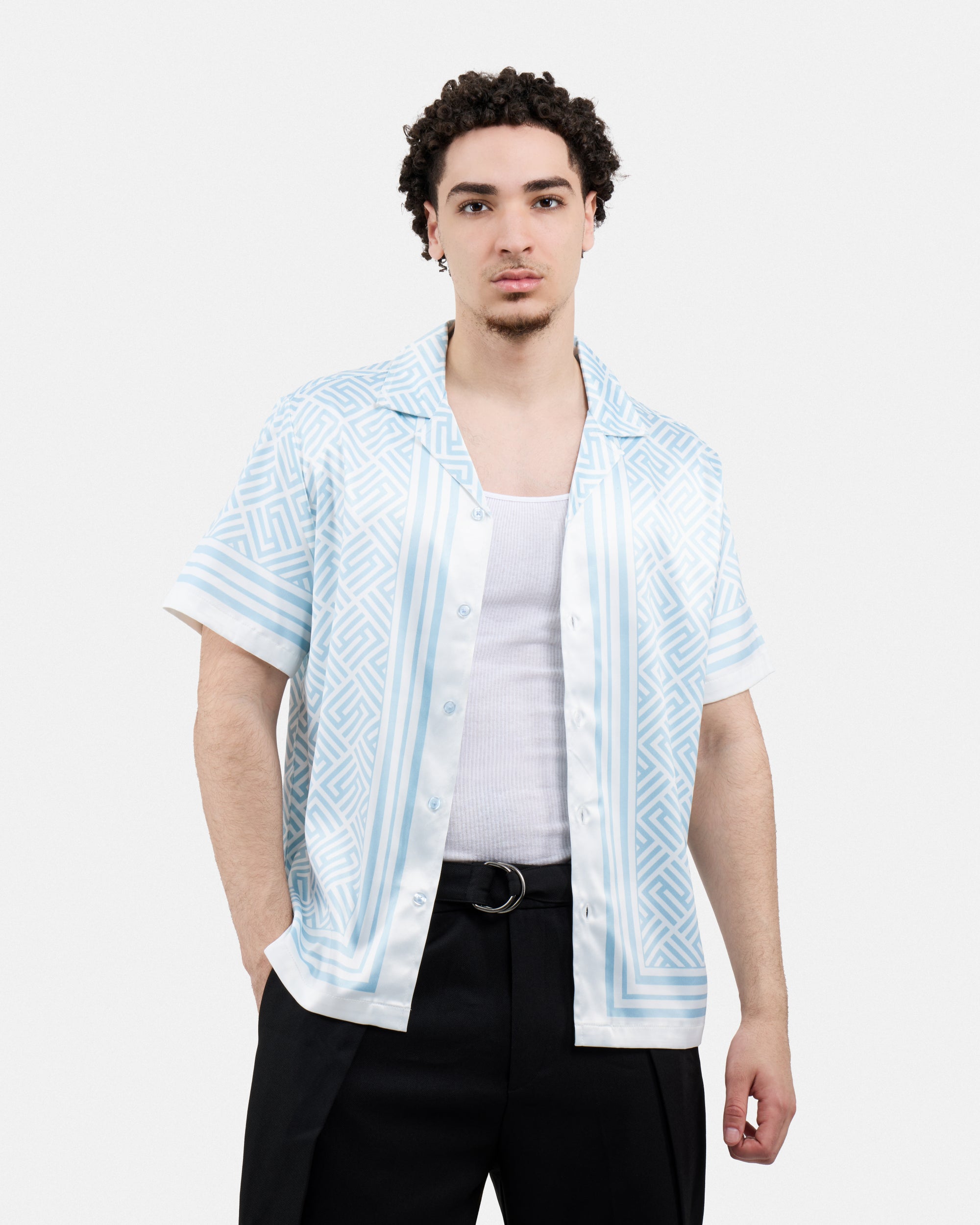 Men's Stripe Border Camp Collar Woven Shirt-thumbmail-45