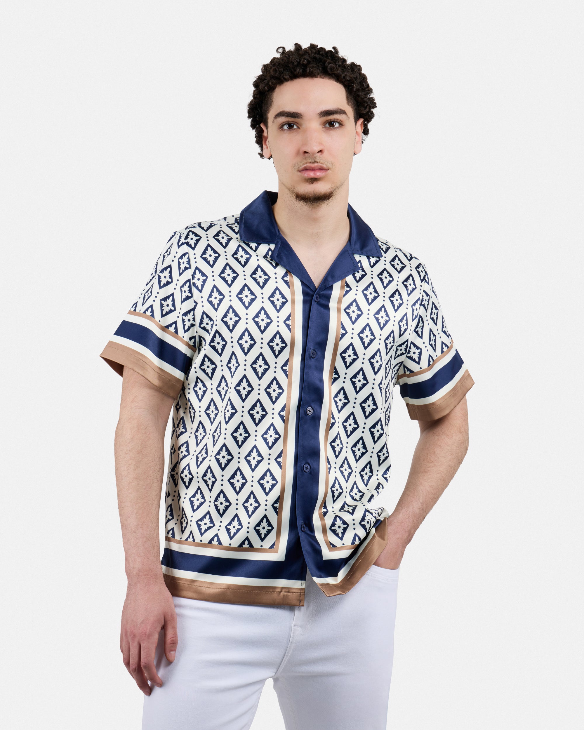 Men's Stripe Border Camp Collar Woven Shirt-thumbmail-25