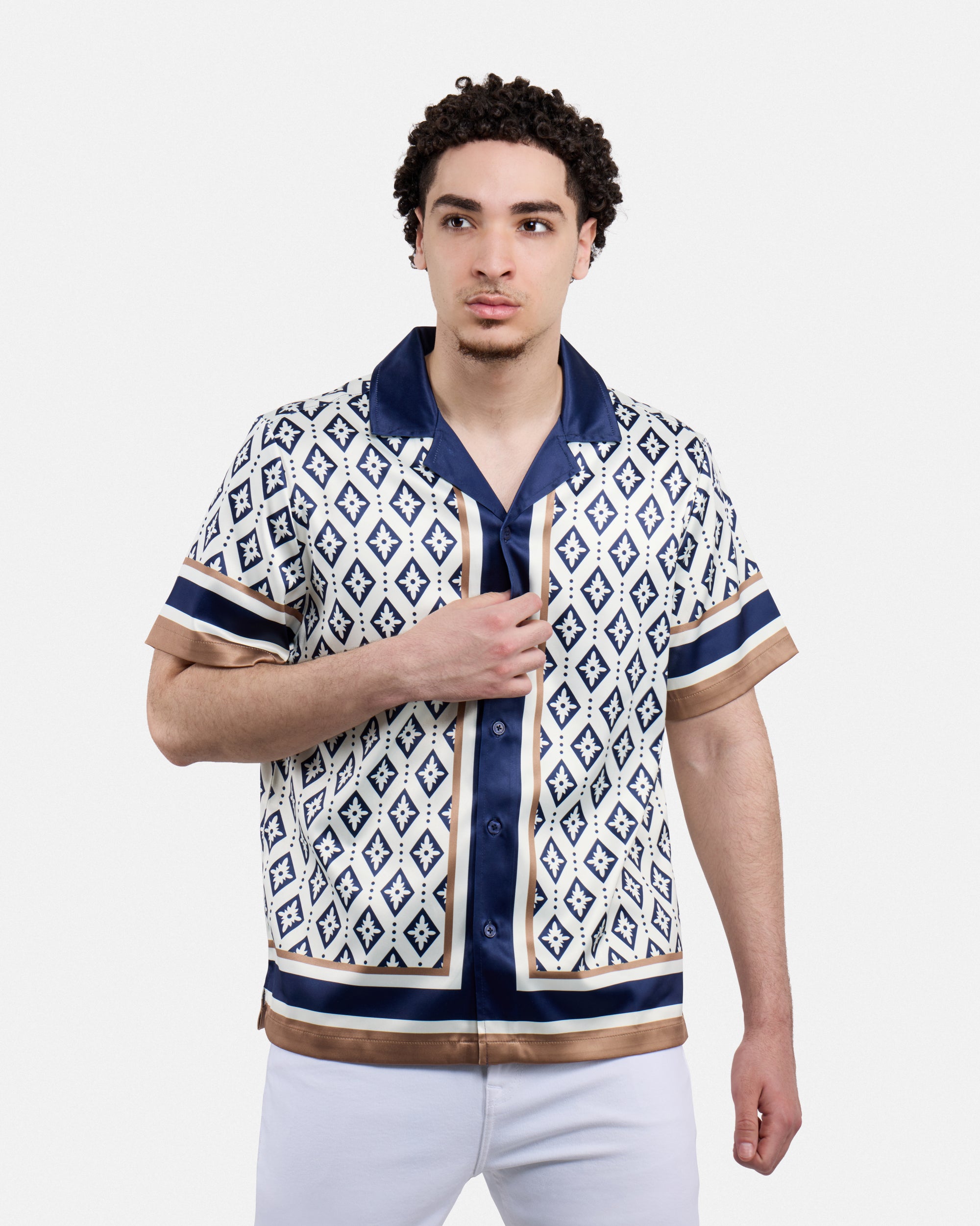 Men's Stripe Border Camp Collar Woven Shirt-thumbmail-28