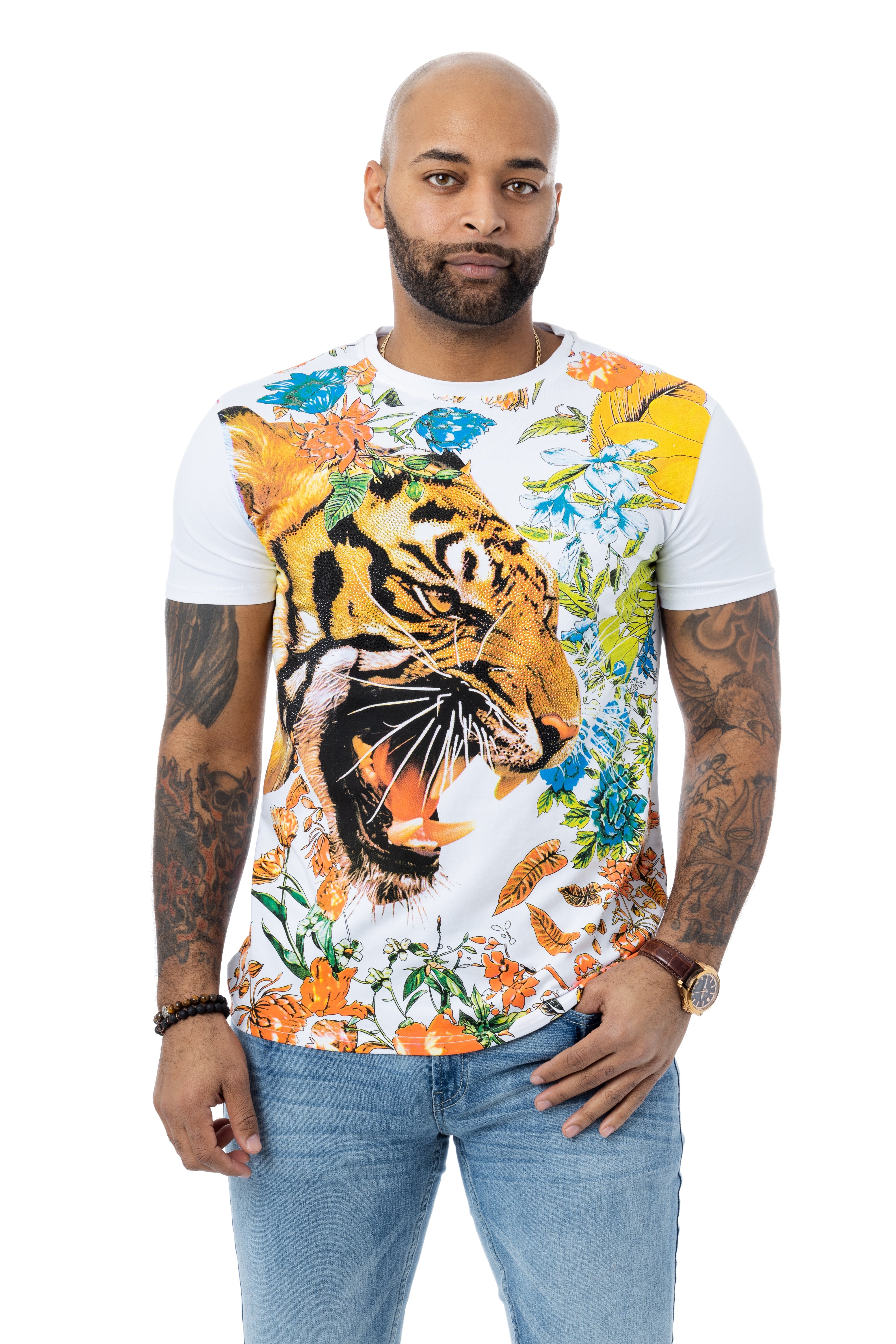 HEADS OR TAILS Men's Floral Tiger Rhinestone Graphic T-Shirt