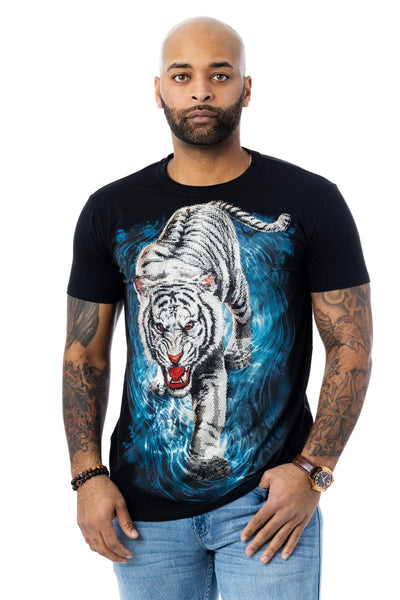 Heads or Tails Men's Tiger On Water Rhinestone Studded Graphic
