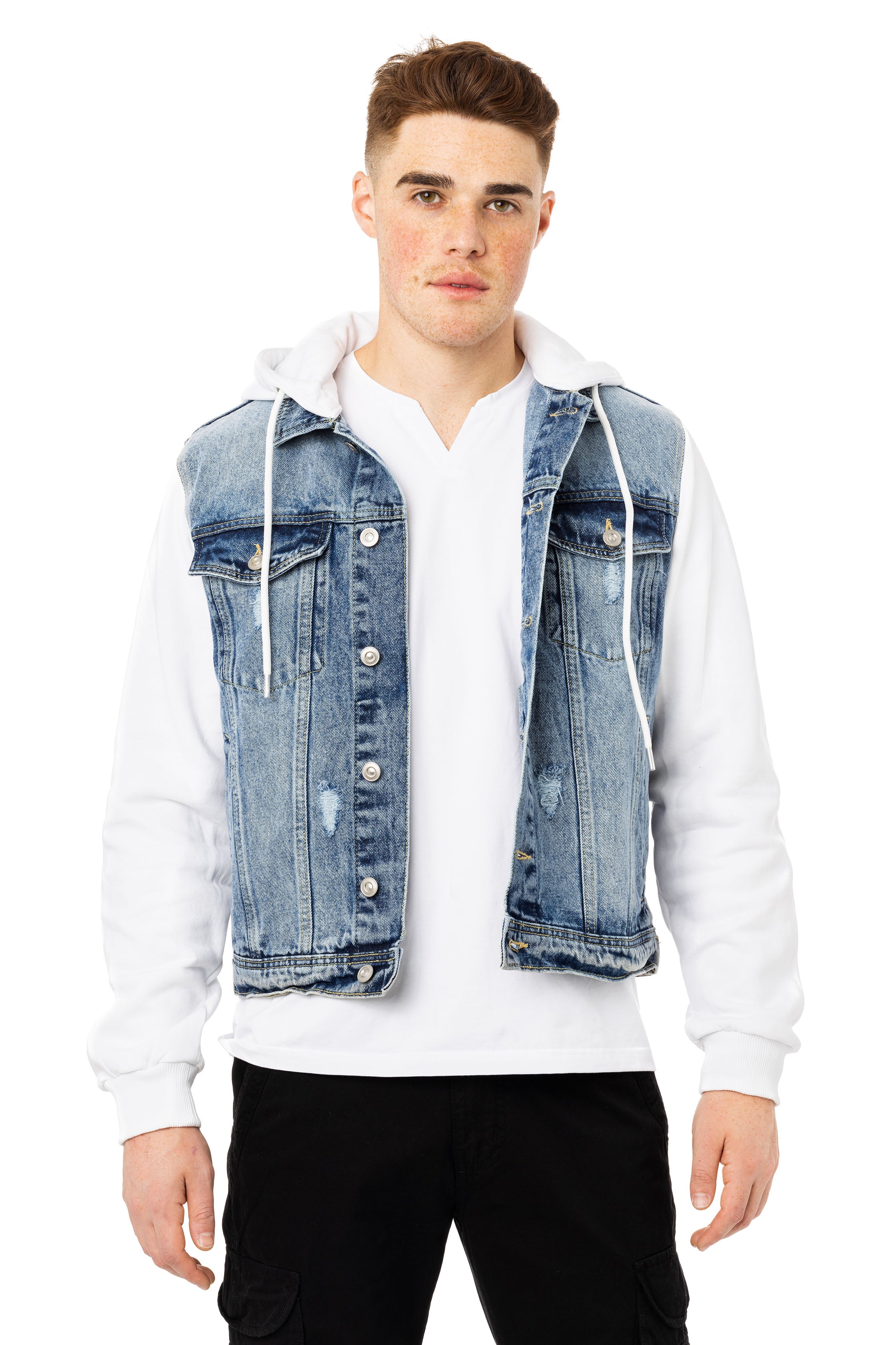 Stylish Denim Jacket with White Pullover Hoodie
